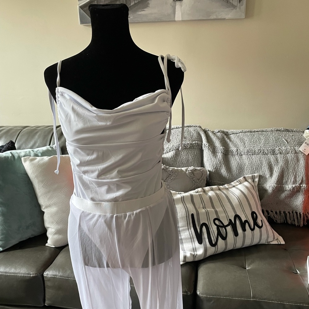 Brand New White Swimsuit with Sheer Coverup Bttm